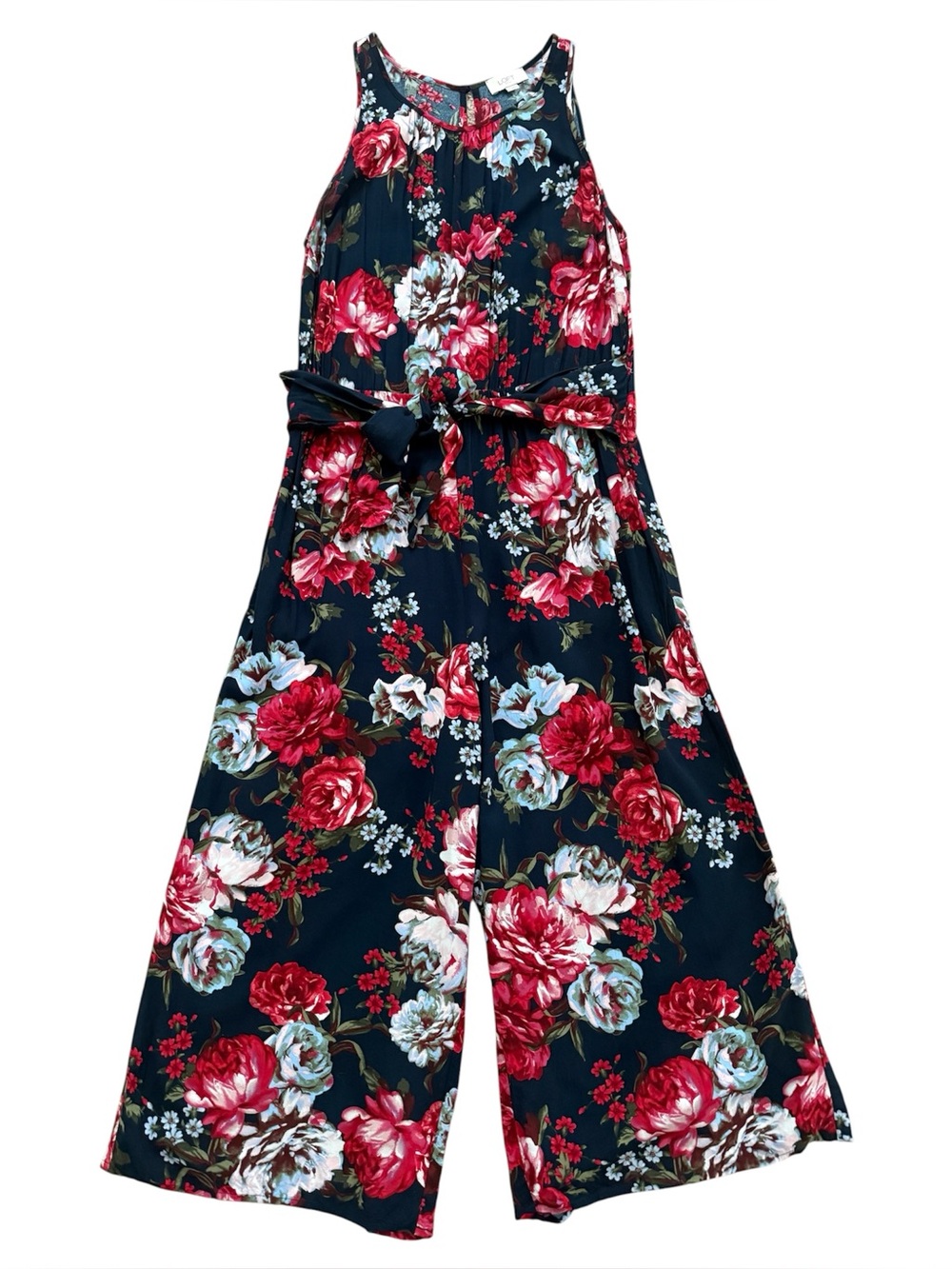 Loft Navy Red Floral Jumpsuit Tie Waist Sleeveless Wide Leg Medium